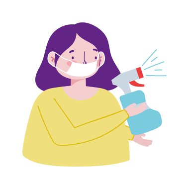 Maskeli ve sprey şişe vektör tasarımlı kadın.