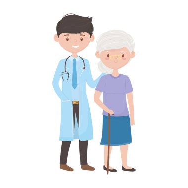 Tecrit edilmiş erkek doktor ve yaşlı kadın vektör tasarımı