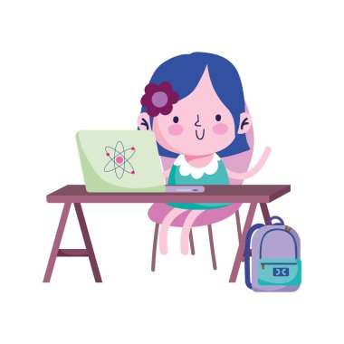 Dizüstü bilgisayarı ve çantası olan kız vektör tasarımlı.