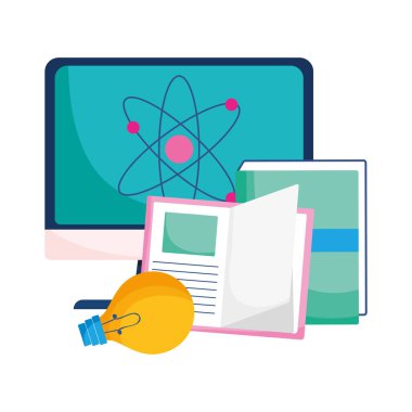 İzole edilmiş bilgisayar atomu ampulü ve kitap vektör tasarımı