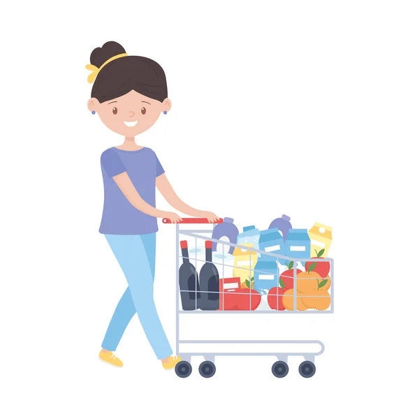 Woman shopping with cart and products vector design — Stock Vector