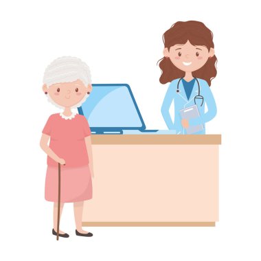 Doktor ve yaşlı kadın ve mobilya dizayn edilmiş dizüstü bilgisayar.