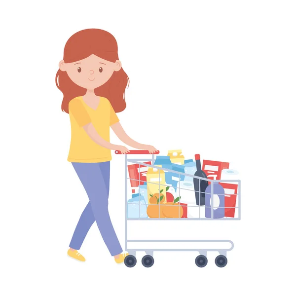 Woman shopping with cart and products vector design — Stock Vector