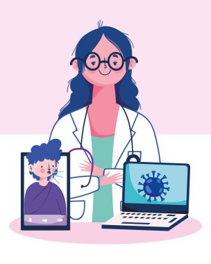 Akıllı telefon dizüstü bilgisayarı olan kadın doktor ve öksürük vektörü tasarımı olan erkek.
