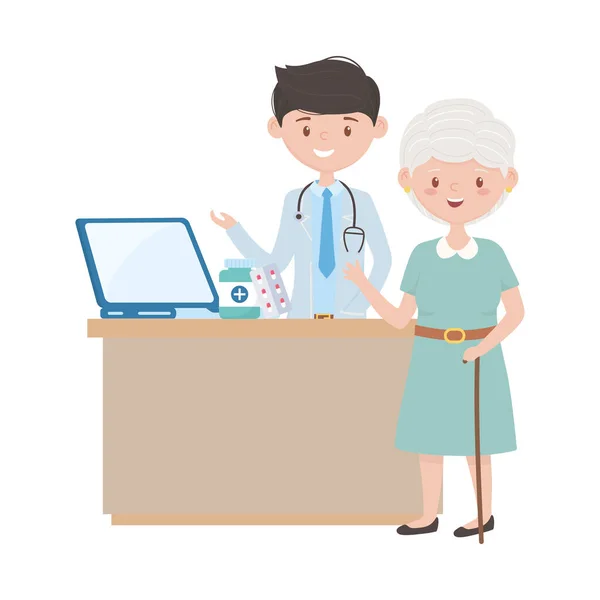 Homme médecin et vieille femme avec pot de médicament pour ordinateur portable et conception vectorielle de pilules — Image vectorielle