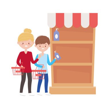 Kadın ve erkek sepetleri ve raf vektör tasarımlarıyla alışveriş yapıyor.