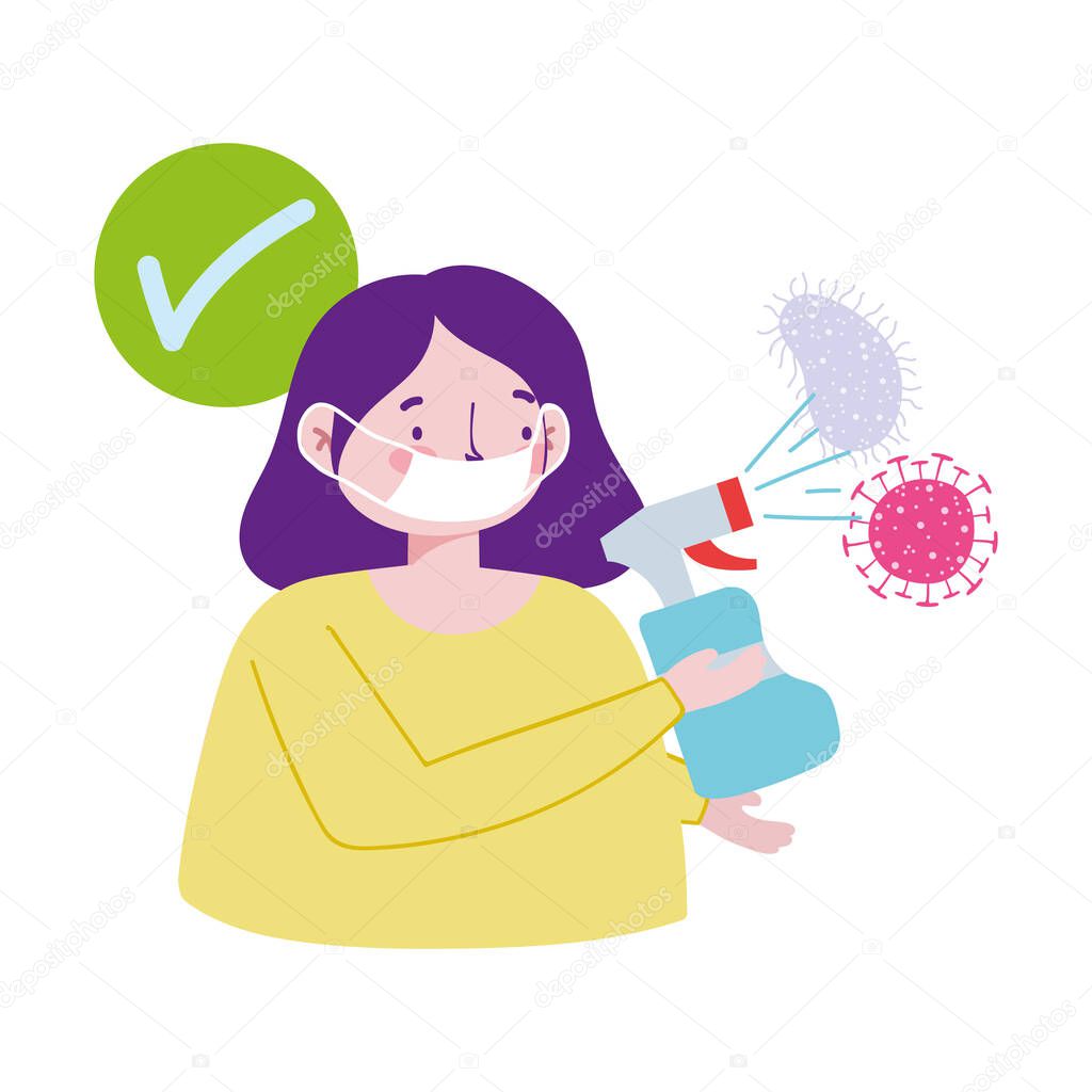 Woman with mask and spray bottle vector design