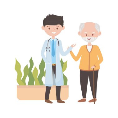 Doktor yaşlı adam ve bitki saksı taşıyıcı tasarımı