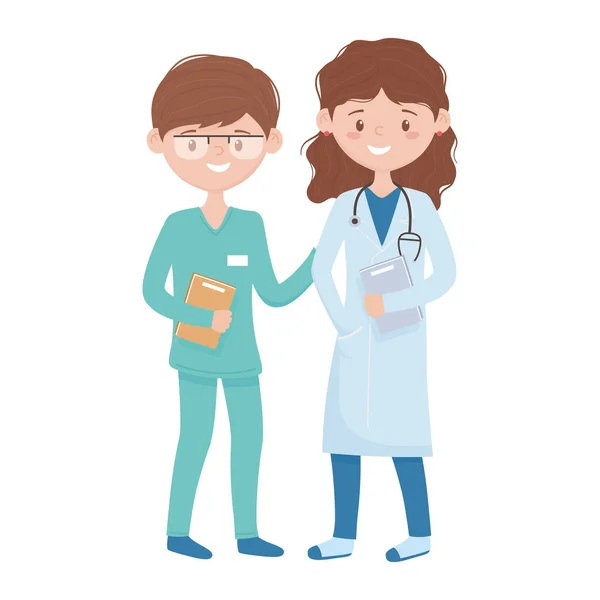 Femme et homme médecin avec dessin vectoriel de document — Image vectorielle