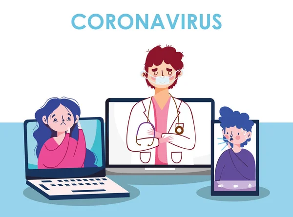 Coronavirus mujer hombre médico computadoras portátiles y diseño de vectores de teléfonos inteligentes — Vector de stock