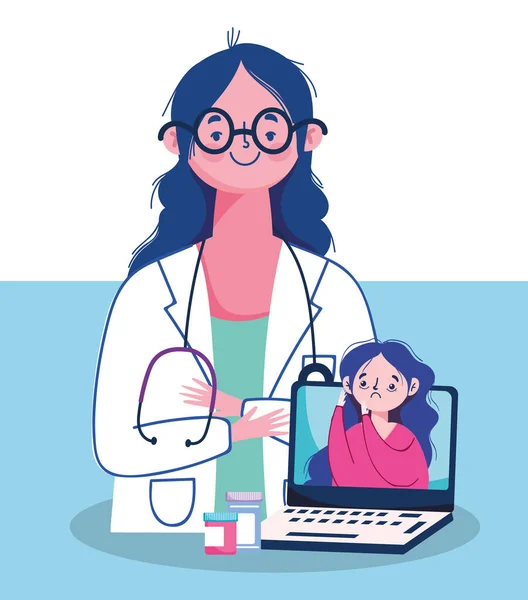 Femme médecin avec ordinateur portable et conception vectorielle fille malade — Image vectorielle