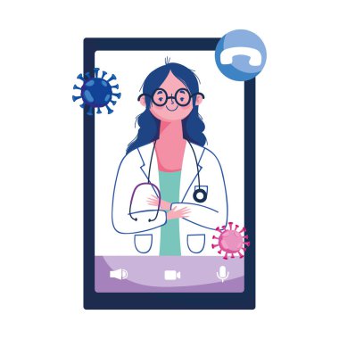 Kadın doktor akıllı telefon ve covid 19 virüs vektör tasarımı
