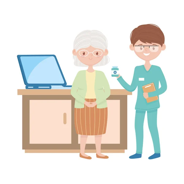 Άντρας γιατρός και ηλικιωμένη γυναίκα laptop και ιατρική βάζο διάνυσμα σχεδιασμό — Διανυσματικό Αρχείο