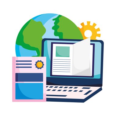 Dünya diploması teçhizatı ve dizüstü bilgisayar vektör tasarımı