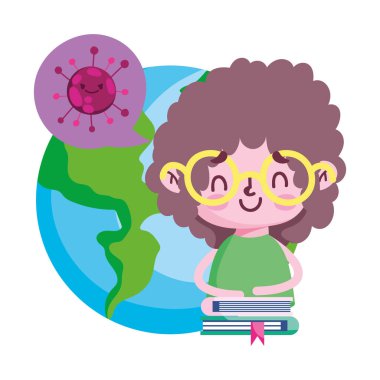 Covid 19 virüs tasarımı kız dünya kitapları ve baloncukları