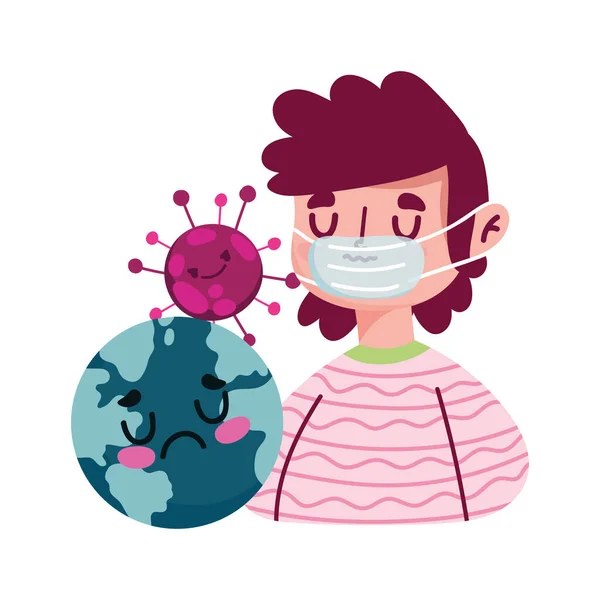 Man with mask world and Covid 19 virus vector design — Stock Vector