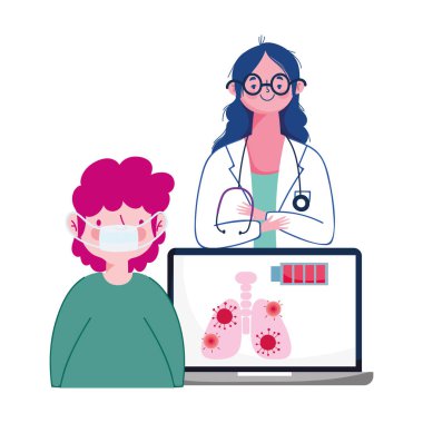 Maskeli adam doktor ve dizüstü bilgisayar vektör tasarımı