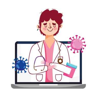 Erkek doktor dizüstü bilgisayarı ve covid 19 virüs vektör tasarımı