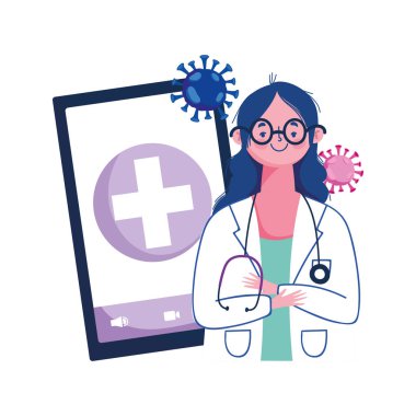 Kadın doktor akıllı telefon ve covid 19 virüs vektör tasarımı