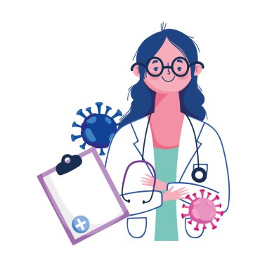 Kadın doktor belgesi ve covid 19 virüs vektör tasarımı