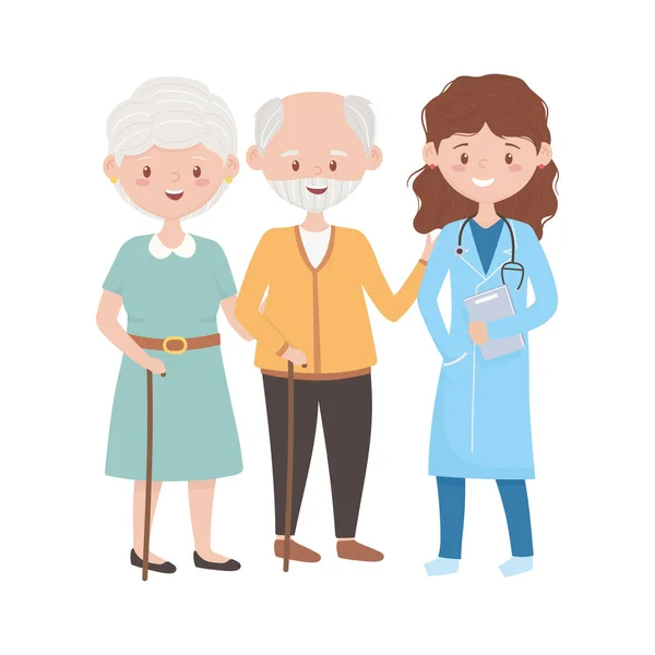 Γιατρός με ηλικιωμένη γυναίκα και άνθρωπος διανυσματικός σχεδιασμός — Διανυσματικό Αρχείο
