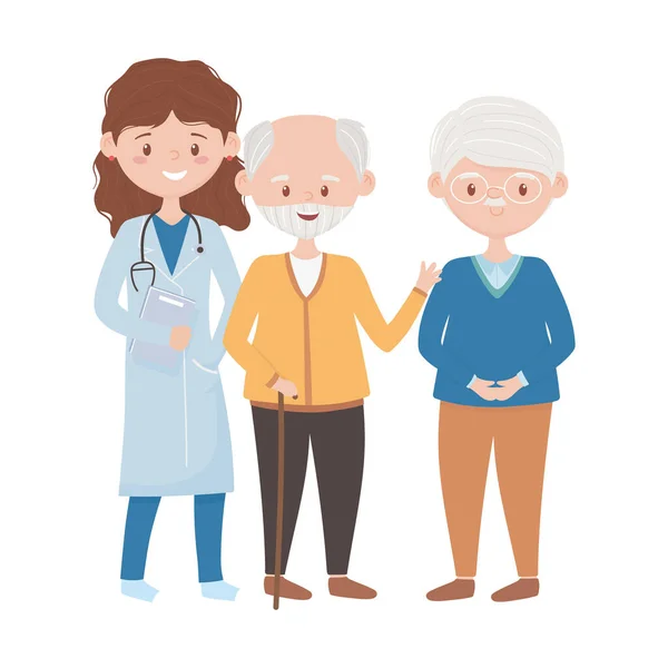 Femme isolée médecin avec des hommes âgés conception vectorielle — Image vectorielle