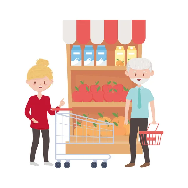 Homem velho e mulher fazendo compras com carrinho e desenho de vetor cesta —  Vetores de Stock