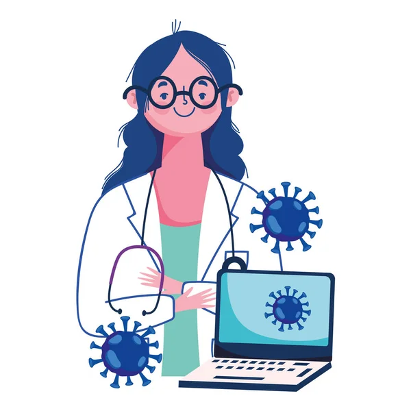 Femme médecin ordinateur portable et covide 19 conception de vecteur de virus — Image vectorielle
