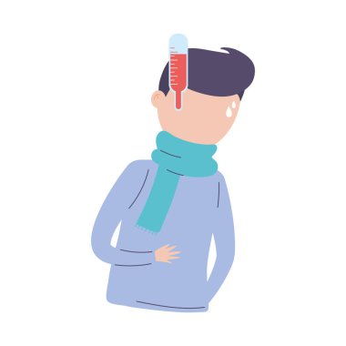 Covid 19 Coronavirus, ateşli termometre karakteri olan hasta adam, izole edilmiş ikon