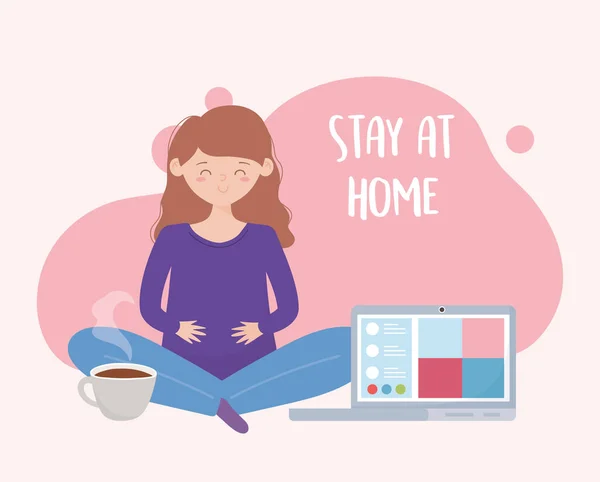 Оставаться дома, беременная женщина онлайн йога — стоковый вектор