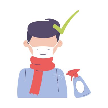 Covid 19 karantina, adam tıbbi maske takıyor ve dezenfektan püskürtüyor.