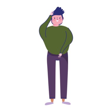 Genç adam Cartroon karakteri beyaz arkaplanda izole edilmiş bir simge duruyor