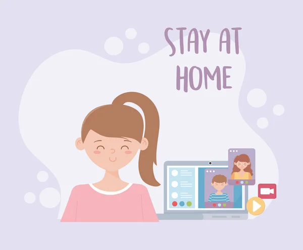 Tinggal di rumah, gadis panggilan video online pertemuan dengan laptop - Stok Vektor
