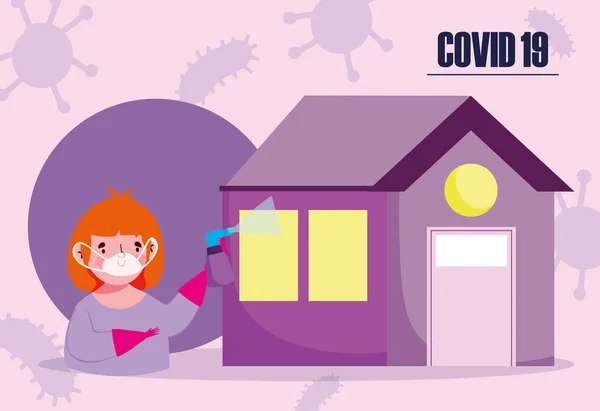 Covid 19 coronavirus, chlapec s maskou a dezinfekčním sprejem — Stockový vektor