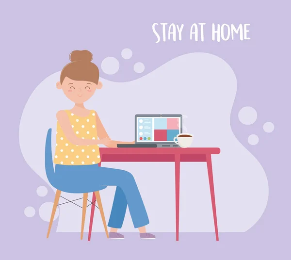 Tinggal di rumah, wanita dengan komputer terhubung secara online - Stok Vektor