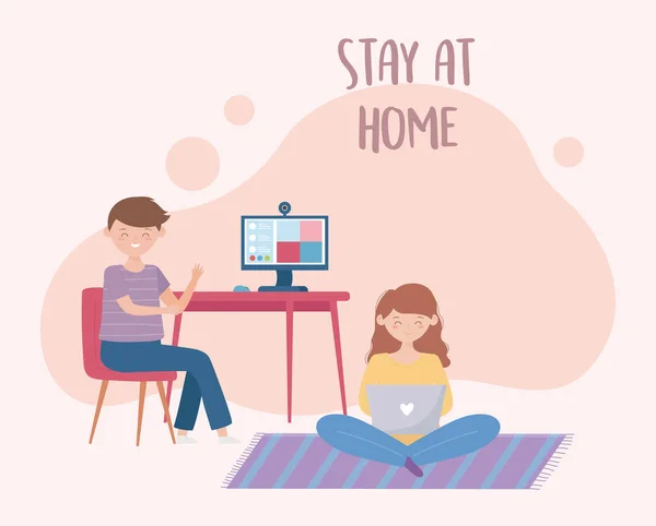 Tinggal di rumah, anak laki-laki dalam pertemuan online dengan komputer dan gadis menggunakan laptop - Stok Vektor