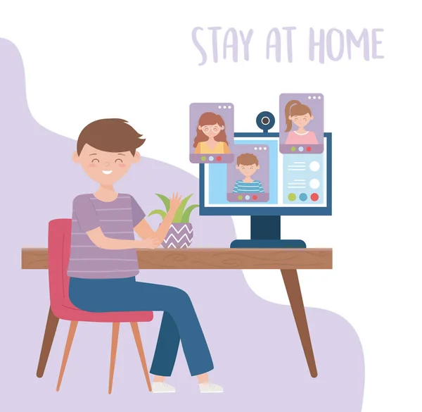 Stanna hemma, utbildning online pojke med dator talande människor — Stock vektor