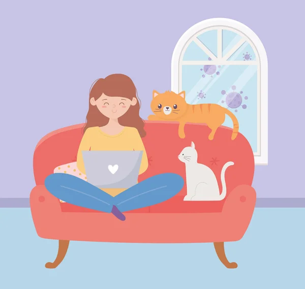 Stay at home, girl using laptop sitting on sofa with cats — Stock Vector