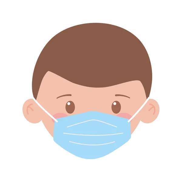 Covid 19 coronavirus, jongen gezicht met medisch masker geïsoleerde pictogram witte achtergrond — Stockvector