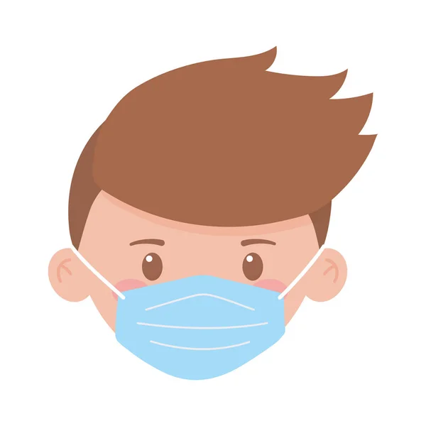 Covid 19 coronavirus, wajah anak laki-laki dengan topeng medis terisolasi ikon putih latar belakang - Stok Vektor