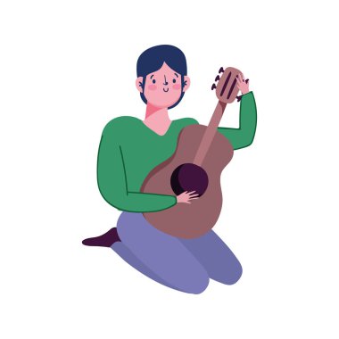 Gitar çalan genç müzik aleti beyaz arkaplanda izole edilmiş bir simge