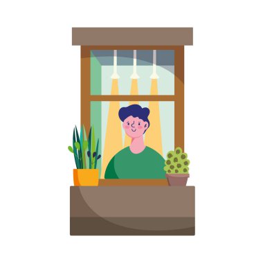 Evde kal, Coronavirus covid 19, genç adam izole edilmiş saksı ikonu olan pencereye bakıyor.