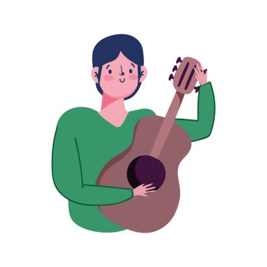 Gitar çalan genç müzik aleti beyaz arkaplanda izole edilmiş bir simge