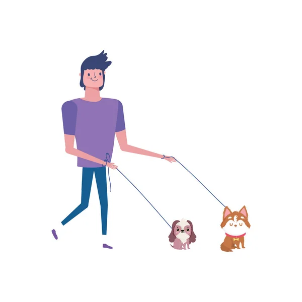 Молодой человек, гуляющий с двумя маленькими собачками — стоковый вектор