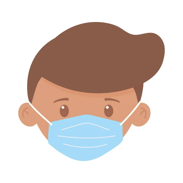 Covid 19 coronavirus, jongen gezicht met medisch masker geïsoleerde pictogram witte achtergrond — Stockvector