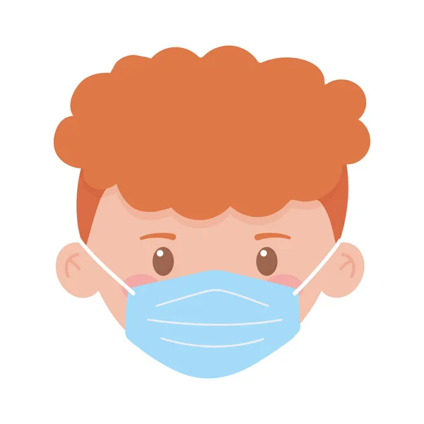Covid 19 coronavirus, visage de garçon avec masque médical icône isolée fond blanc — Image vectorielle