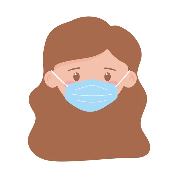 Covid 19 coronavírus, rosto de menina com máscara médica ícone isolado fundo branco —  Vetores de Stock