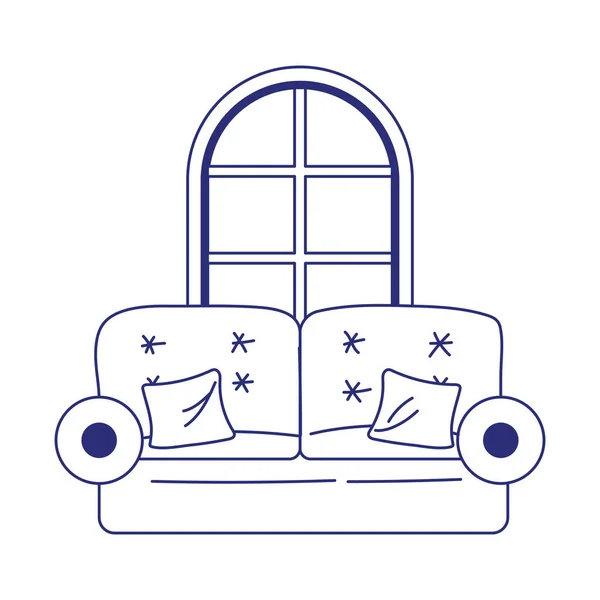 Диван з подушками і віконний будинок ізольована ікона на білому тлі — стоковий вектор