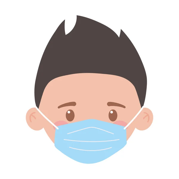 Covid 19 coronavirus, tıbbi maskeli çocuk yüzü izole edilmiş beyaz arkaplan — Stok Vektör