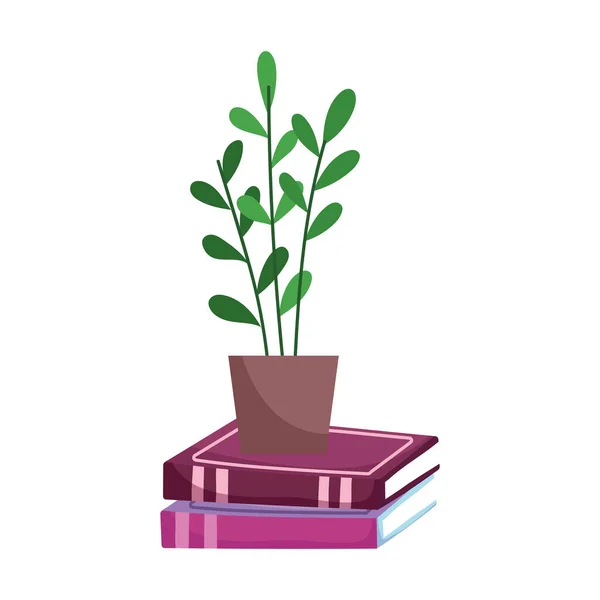 Potted plant on stack books isolated icon white background — Stock Vector